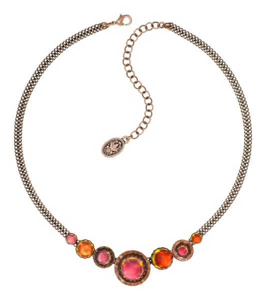 Honey Drops in Space: Halskette, Multi, Orange, Light antique copper - Handkolorierte Cabochons (changierend) und gehämmerte Metallscheiben