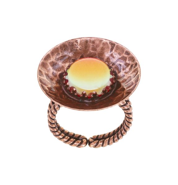Honey Drops in Space: Ring, Multi, Orange, Light antique copper - Handkolorierte Cabochons (changierend) und gehämmerte Metallscheiben