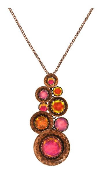 Honey Drops in Space: Halskette Anhänger (lang), Multi, Orange, antique copper - Handkolorierte Cabochons (changierend) und gehämmerte Metallscheiben